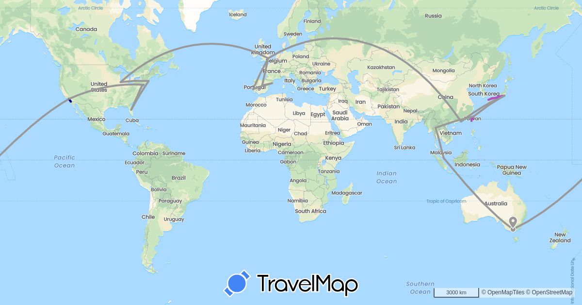 TravelMap itinerary: driving, plane, train in Australia, China, Spain, United Kingdom, Japan, Portugal, Singapore, Thailand, Taiwan, United States (Asia, Europe, North America, Oceania)